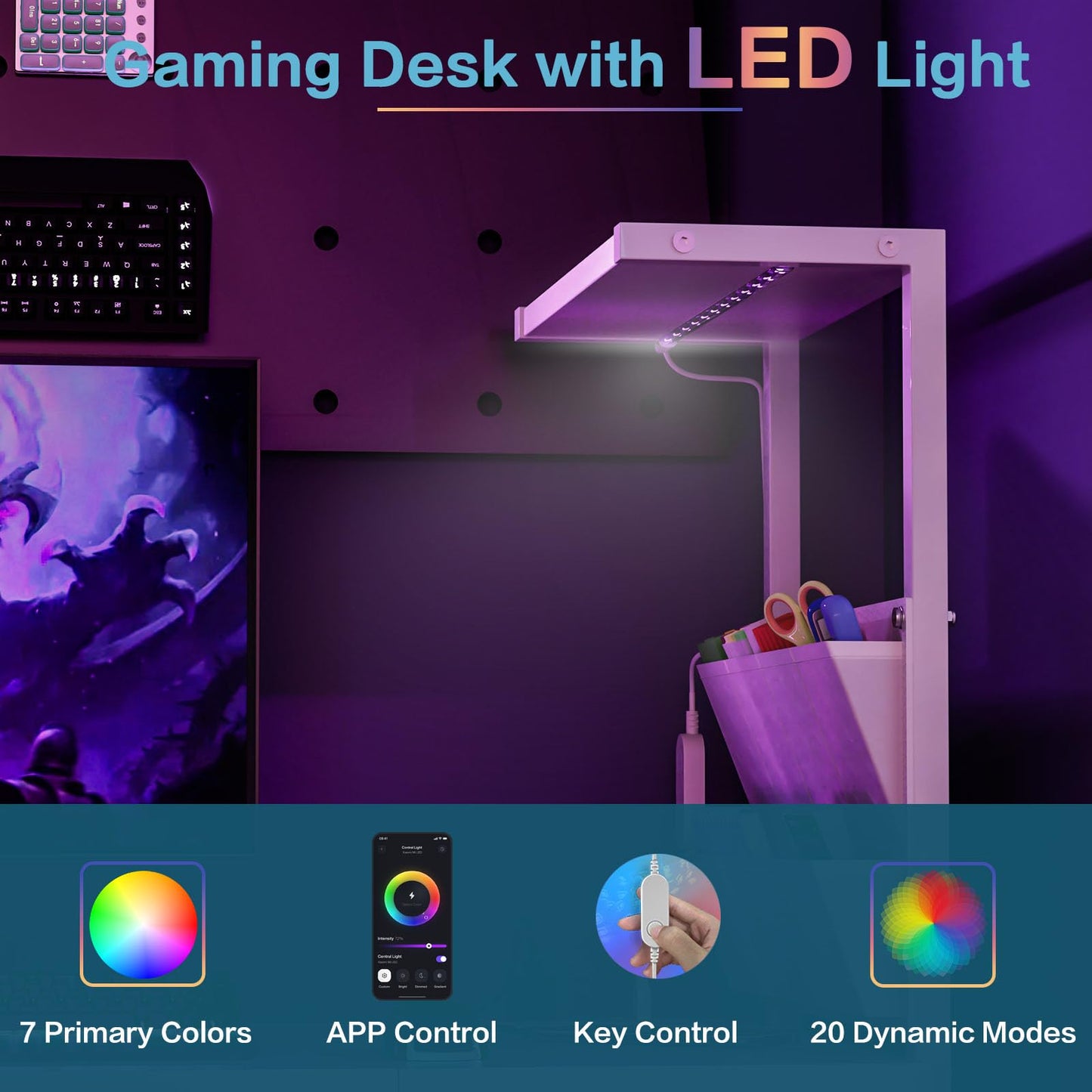 Jakyitvi 33.7" Computer Desk with Power Outlets, LED Lights & Drawer, Small Office Desk with Storage Bag & Hooks, Gaming Desk for Bedrooms or Home Office, Compact Study Desk for Small Spaces，White