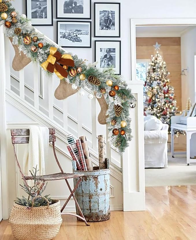 Christmas Garland for Front Door, 6 Foot Artificial Unlit Winter Garland with Pine Cones, Berry Clusters, Bronze Ball Ornaments and Ribbons for Thanksgiving Holiday Christmas Decoration