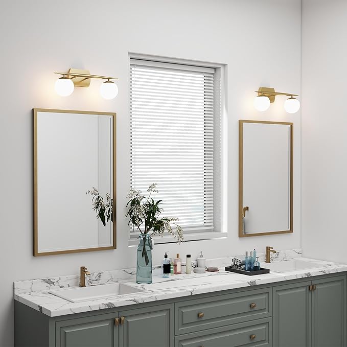 Gold Vanity Lights for Bathroom, 2-Light 20 Inch Bathroom Lighting Fixtures over Mirror with Milky White Frosted Glass Shades, Wall Sconces for Bathroom, Bedroom, Living Room(G9 Bulb not Included)