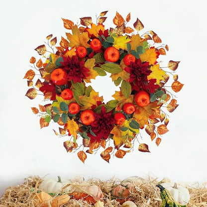 22 Inch Fall Wreath for Front Door, Thanksgiving Artificial Autumn Apple Wreath with Maple Leaves Dahlia Hydrangea for Farmhouse Home Window Wall Office Wedding Indoor Outdoor Decorations