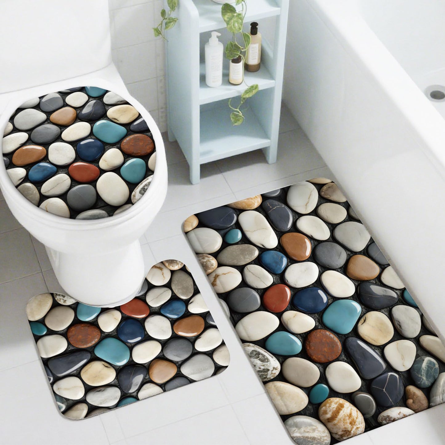 peacoblue Pebble Bath Mats for Bathroom Rugs Sets 3Pcs with Toilet Lid Cover, Non Slip Bath Rug and Contour Mats Sets, Washable Toilet Carpet for Bedroom Kitchen Tub Home Decor