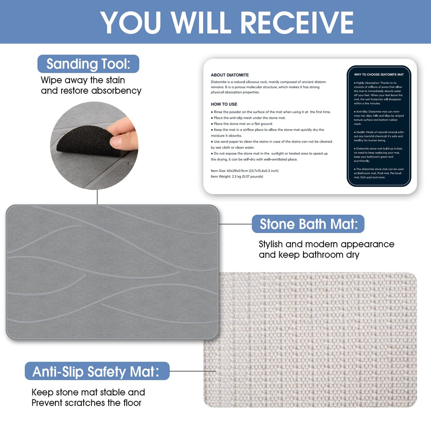 Veeloim Stone Bath Mat Diatomaceous Earth Shower Mat Non-Slip Super Absorbent Diatomite Stone Bath Mats for Bathroom Floor Quick Drying Natural Easy to Clean(23.6''×15.4" Gray)