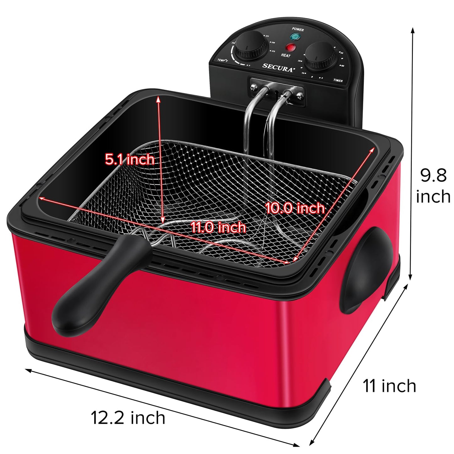 Secura 1700-Watt Stainless-Steel Triple Basket Electric Deep Fryer with Timer Free Extra Odor Filter, 4L/17-Cup, Red