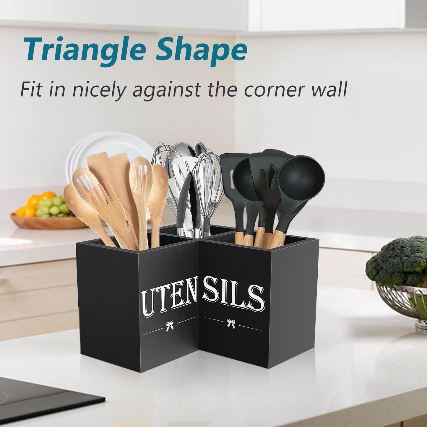 Suli Extra Large Kitchen Utensils Holder with 3 Compartments,Corner Utensil Caddy for Countertop,Wooden Utensil Organizer for Kitchen Countertop, Farmhouse Decor- Black