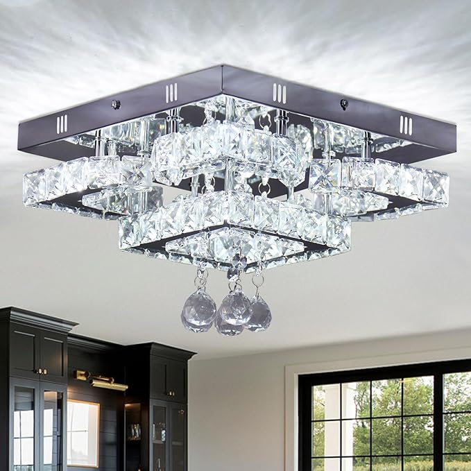 CXGLEAMING 11.8" Modern Crystal Chandelier LED Ceiling Light Fixture Suitable for Kitchen Corridor Hallway Bedroom Bathroom Dining Room 4 Petals/Raindrop Ball Square Wall Switch （White Light）