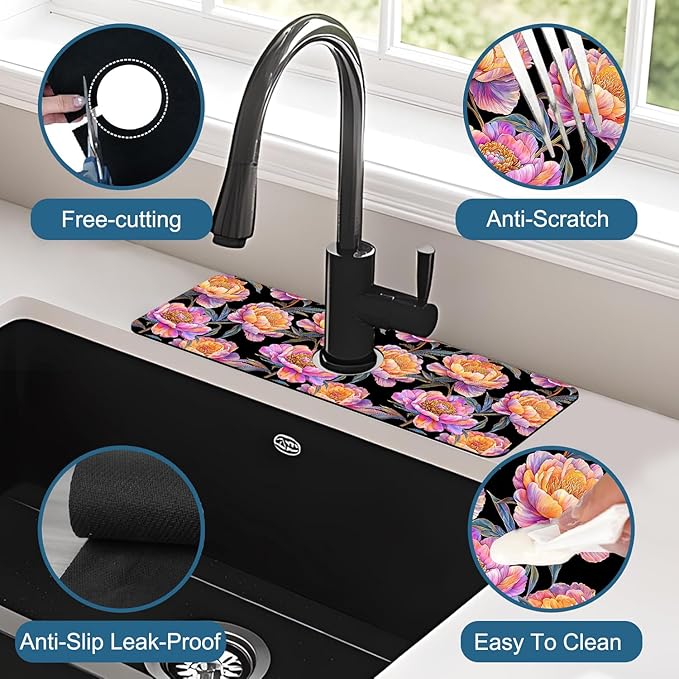 Colorful Peonies Sink Splash Guard Blooming Peonies Faucet Absorbing Mat Fast