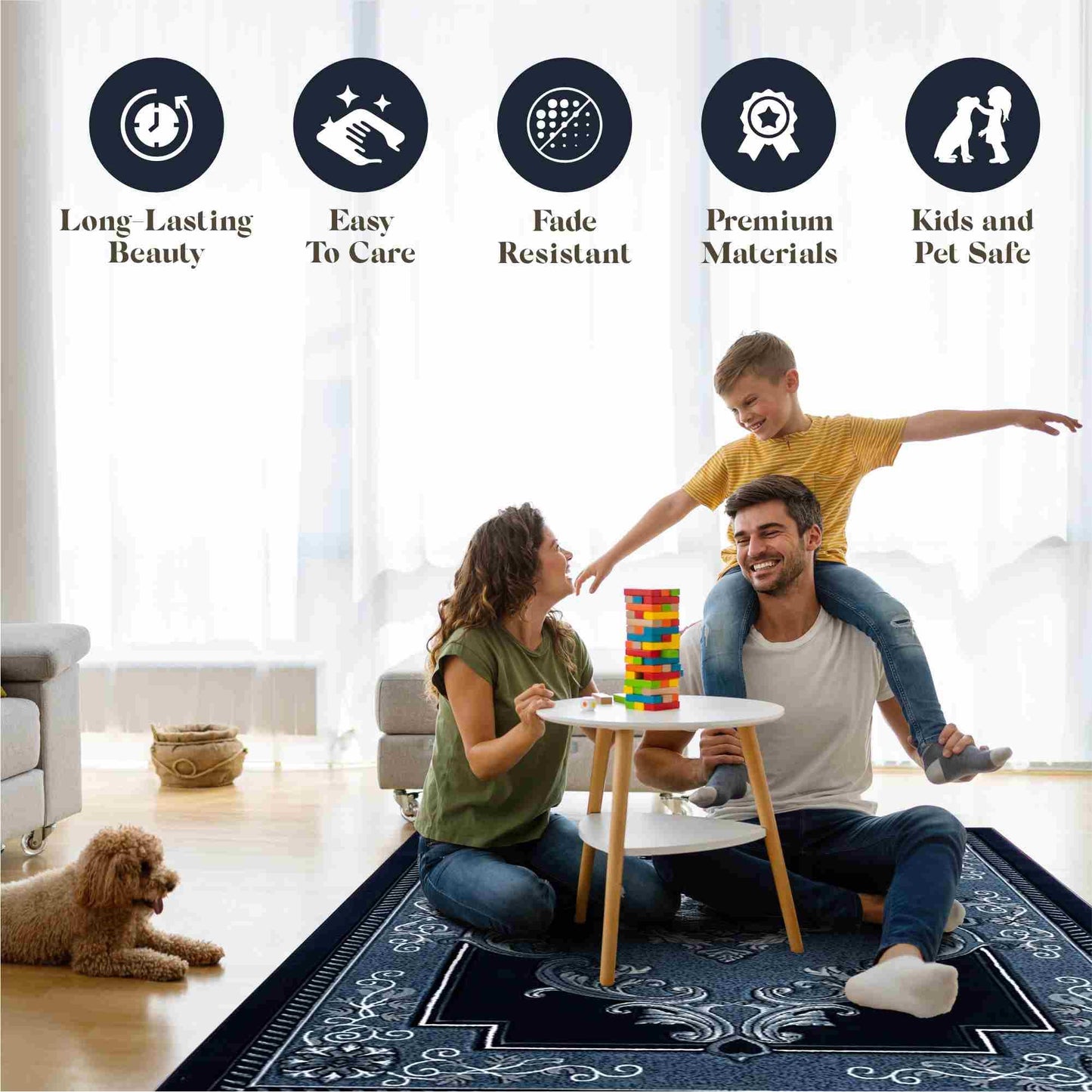 HADBA Modern 5x7 Navy Traditional Living Room Rug - Area Rugs for Living Room Dining & Bedroom - Hand Carved Runner Carpet - Durable Polyester - Non-Fade Stain-Resistant - Turkish Made