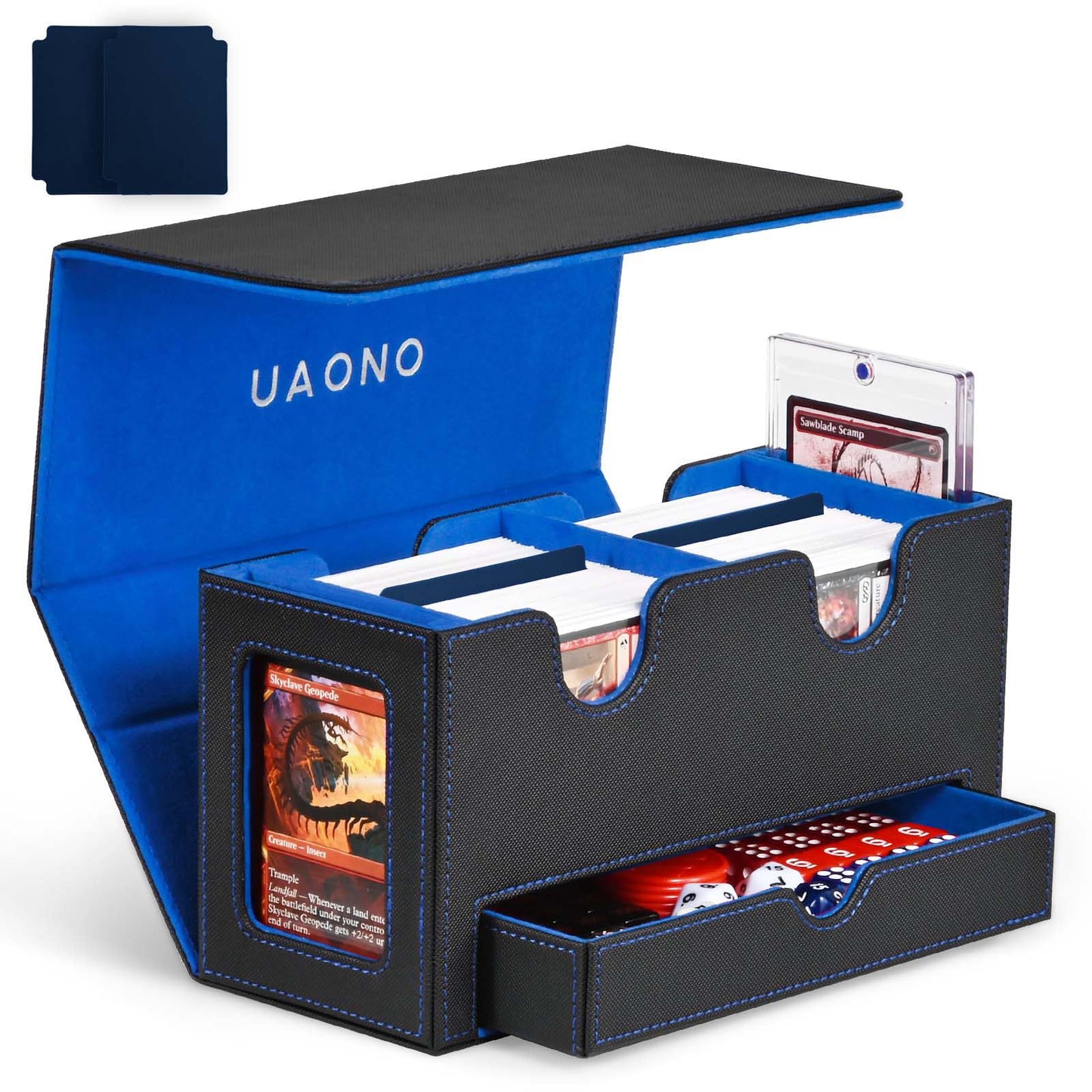 UAONO MTG Commander Deck Box, 3-in-1 Magnetic Card Box with 2 Top Loaders Display & 1 Dice Tray, Fits 200 Double Sleeved, Card Organizer Compatible with Magic the Gathering(Blue Yellow)