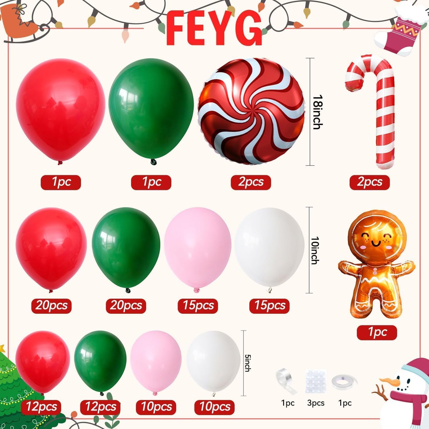 Christmas Balloon Arch Kit, Gingerbread Man Balloon Garland with Green Pink Red Balloons Candy Cane Foil balloons for Christmas Party Decorations New Year Xmas Party Supplies
