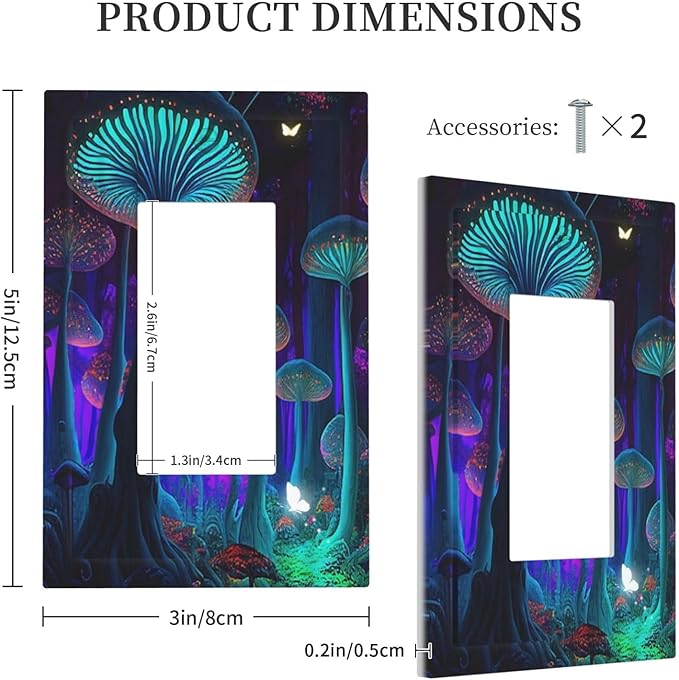 Fantasy Mushroom Forest Glowing Butterfly Single Rocker/Decora Light Switch Plate Decorative 1 Gang Outlet Cover Faceplate GFCI Electrical Receptacle Wallplate Dimmer for Bathroom Home Decor