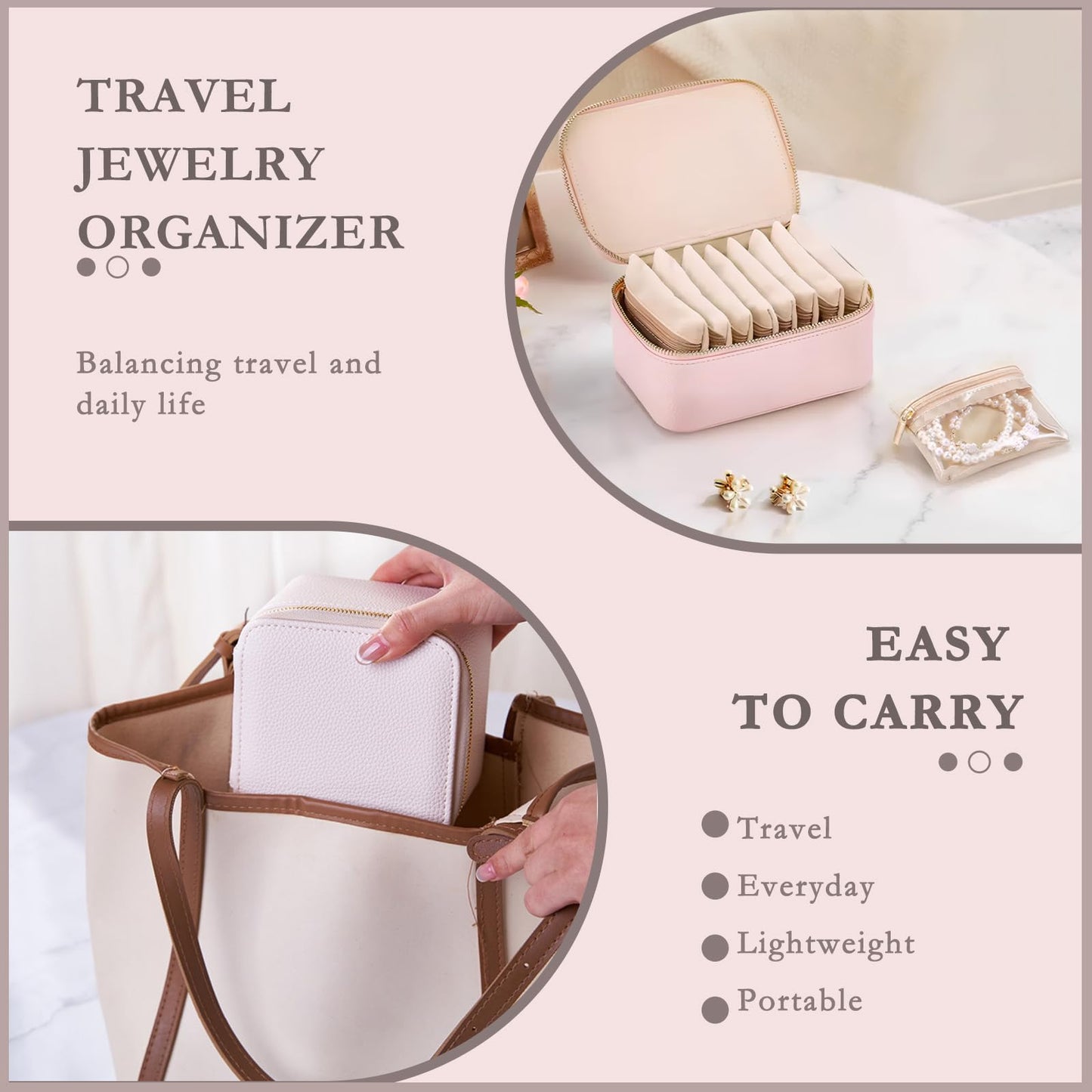 Jeonnfp Jewelry Box Organizer for Women,Small Travel Jewelry Case,Mini Travel Jewelry Organizer with 8 Velvet Jewelry Zipper Pouches, Jewelry Box Organizer for Christmas Birthday(Pink)