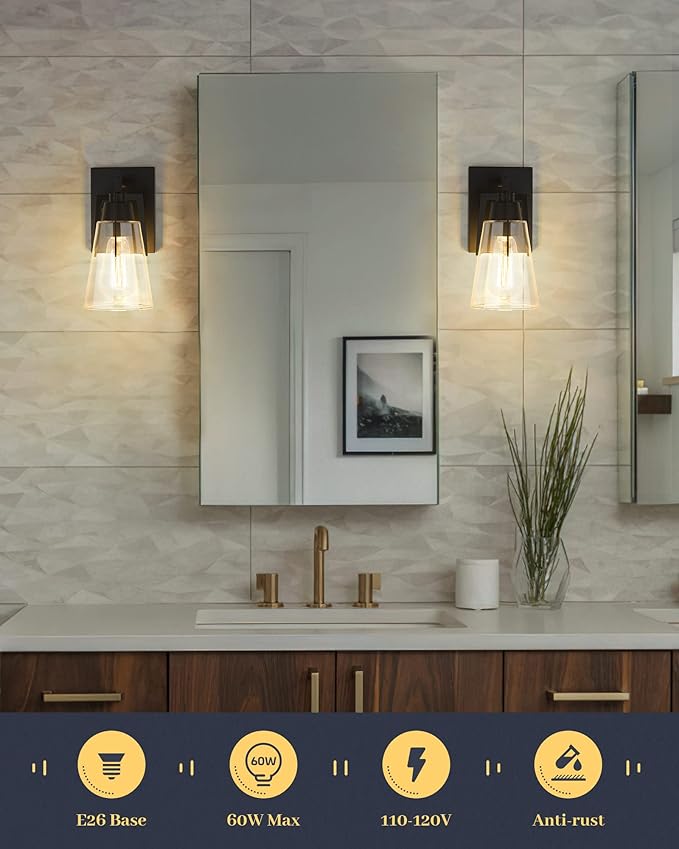 EAPUDUN Vintage Bathroom Lighting Fixtures Over Mirror, 1-Light Modern Vanity Lights Black Finish Industrial Wall Sconce with Clear Glass Shade, WLA1395-MBK
