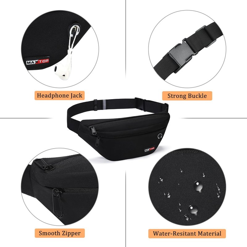 MAXTOP Large Black Fanny Pack - Versatile Crossbody Waist Bag for Hiking, Cycling & Travel | Adjustable Strap