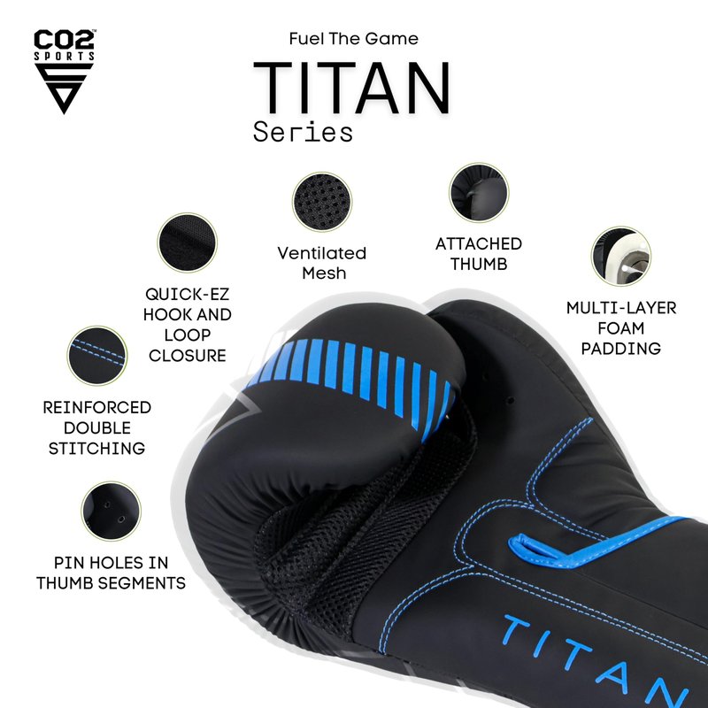 CO2 Sports Titan Boxing Gloves, Pro Training Sparring, Maya Hide Leather, Muay Thai MMA Kickboxing, Men Women Adult, Focus Mitts, Ventilated Palm, Multi Layered, 8 10 12 14 16 18 Oz (Blue, 16 OZ)