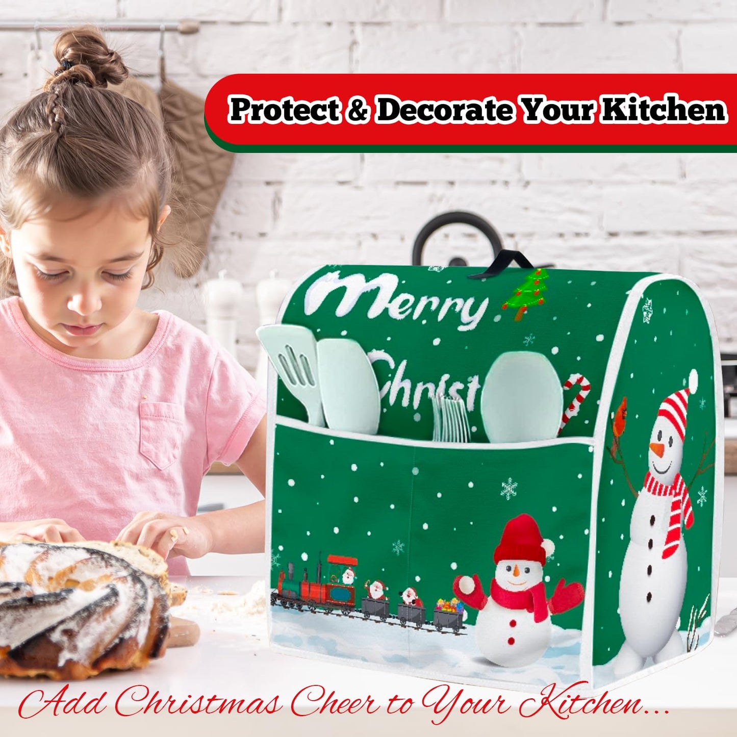 FBBP Christmas Stand Mixer Cover - Compatible with 6-8 Quart for Kitchen Appliance - Santa Claus and Snowman Dust Cover with Pockets for Accessories Xmas Home Kitchen Decor