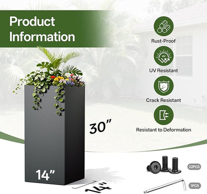 Metal Planter Box 14" x 14"x 30",Heavy-duty Galvanized Steel Outdoor Planter with Removable Built-in shelf and Drainage Holes,Rectangular Planter for Porches, Gardens, Patios, and Courtyards，Black