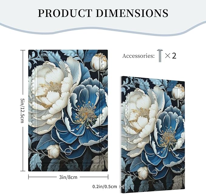 White Blue Flower Peonies Light Switch Covers No Device Wall Plate 1 Gang Decorative Blank Switchplate Electrical Faceplate for Farmhouse Living Bedroom Decor