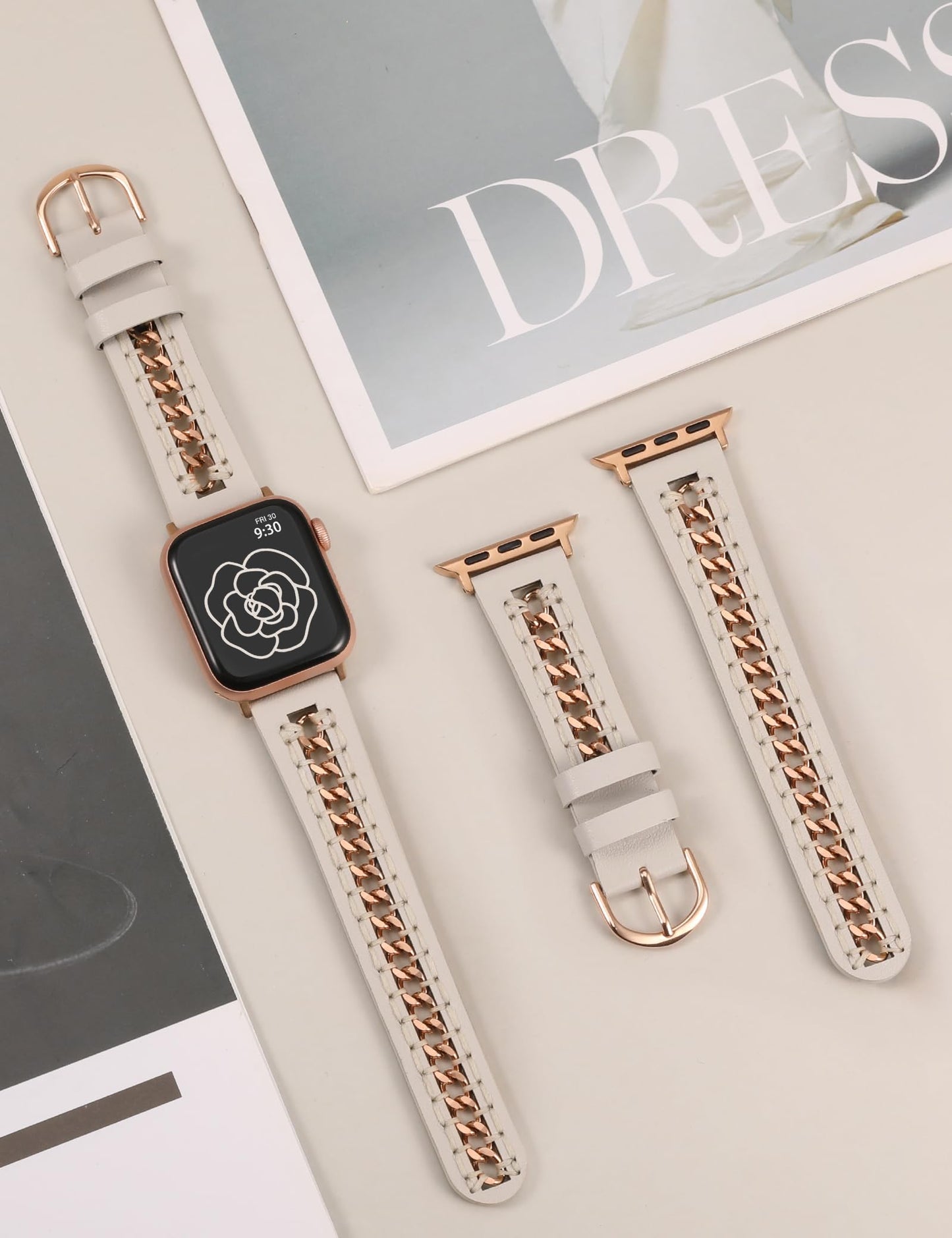 Minyee Leather Band Compatible with Apple Watch Bands 38/40/41/42/44/45/49mm Women,Dressy Designer Premium Leather Strap with Stainless Steel Metal Hollow-out Chain Bracelet for iWatch Ultra 2 Series