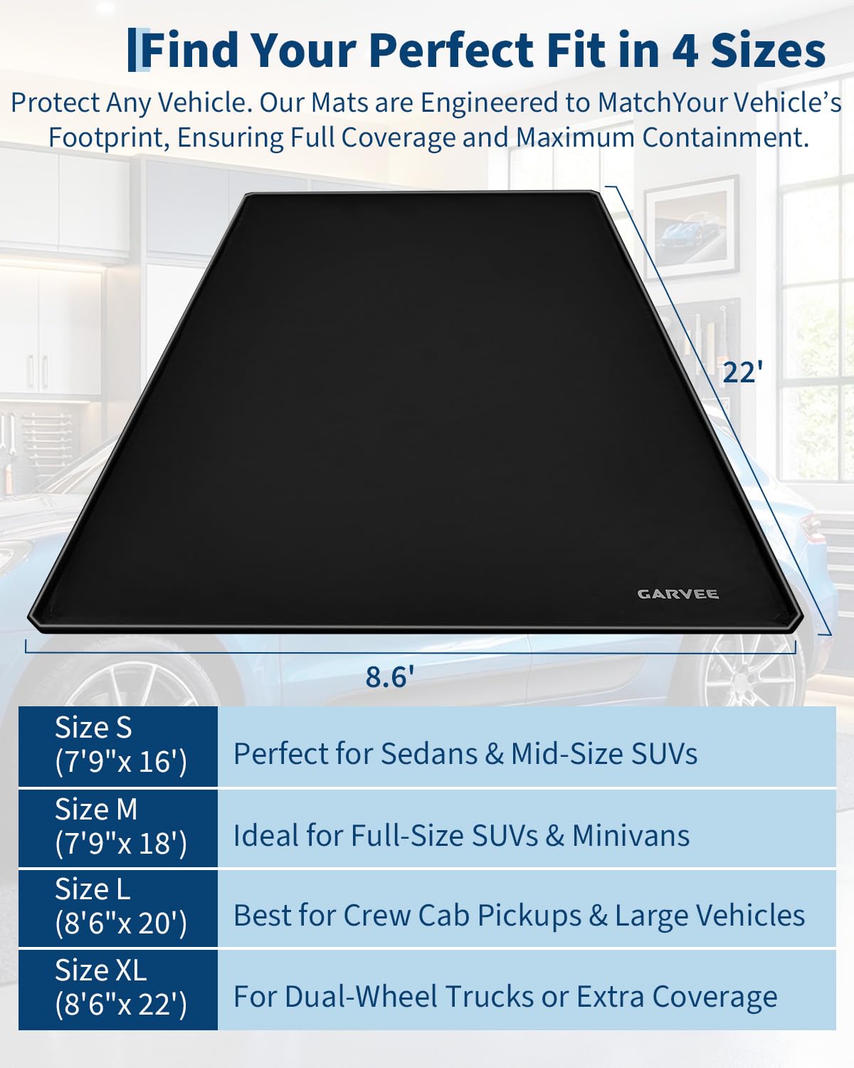 Garage Mat with Raised Edge, 1000D PVC Non-Slip Floor Protector for Cars Trucks SUVs, Snow Melt Containment Tray for Winter, Comes with Squeegee & 8 Attachment Straps, 4 Size Options (7.9x16 to 8.6x22