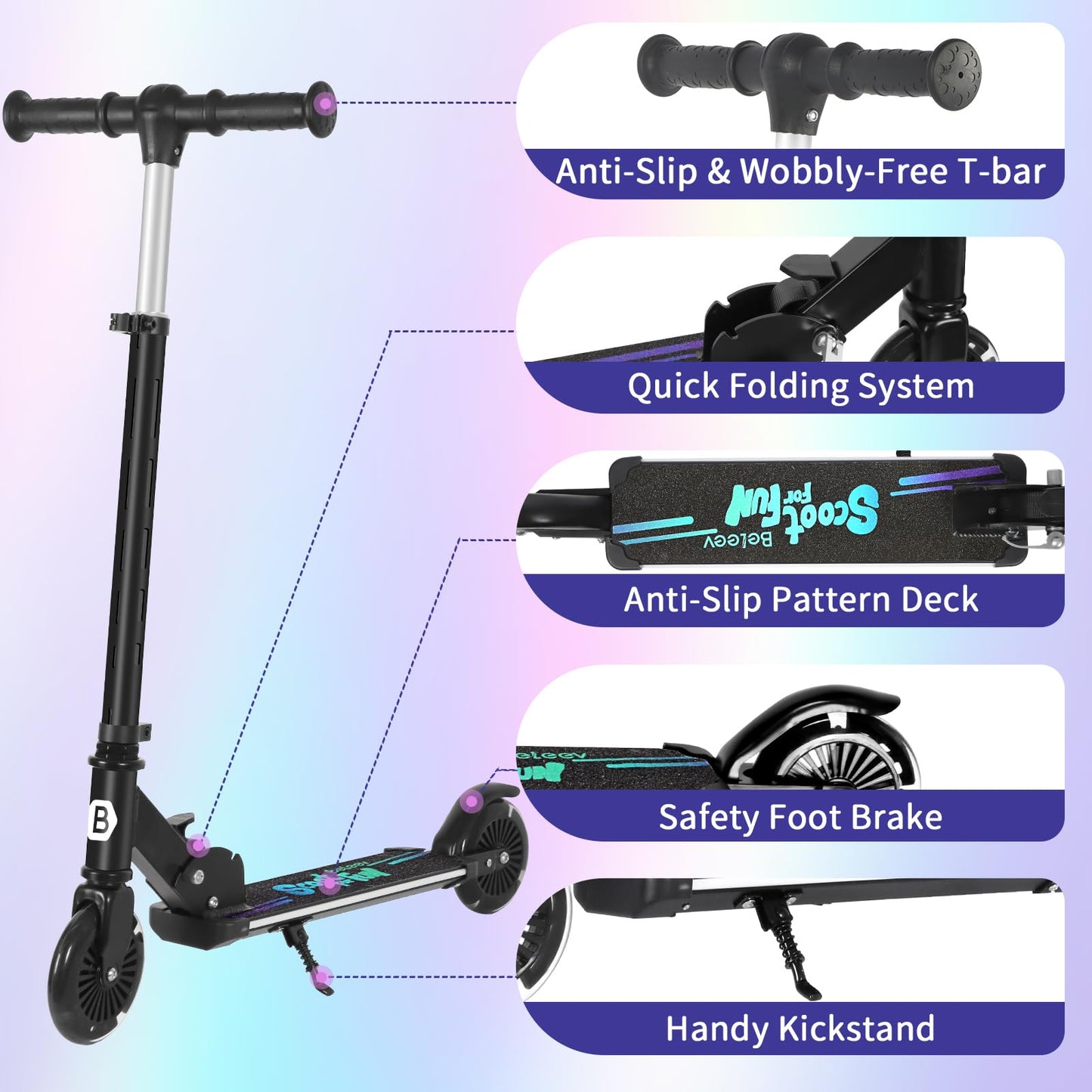 BELEEV Scooters for Kids with Light-Up Wheels & Stem & Deck, 2 Wheel Folding Scooter for Girls Boys, 4 Adjustable Height, Lightweight Kick Scooter with Kickstand for Children Ages 3-12 (Dark Black)