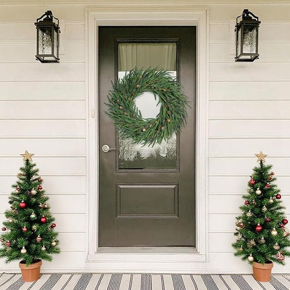 24 Inch Pine Wreath Christmas Wreaths for Front Door, Real Touch Pine Wreath with Red Berries Artificial Green Wreaths for Walls Windows Porches Farmhouse Indoor Outdoor Home Decor