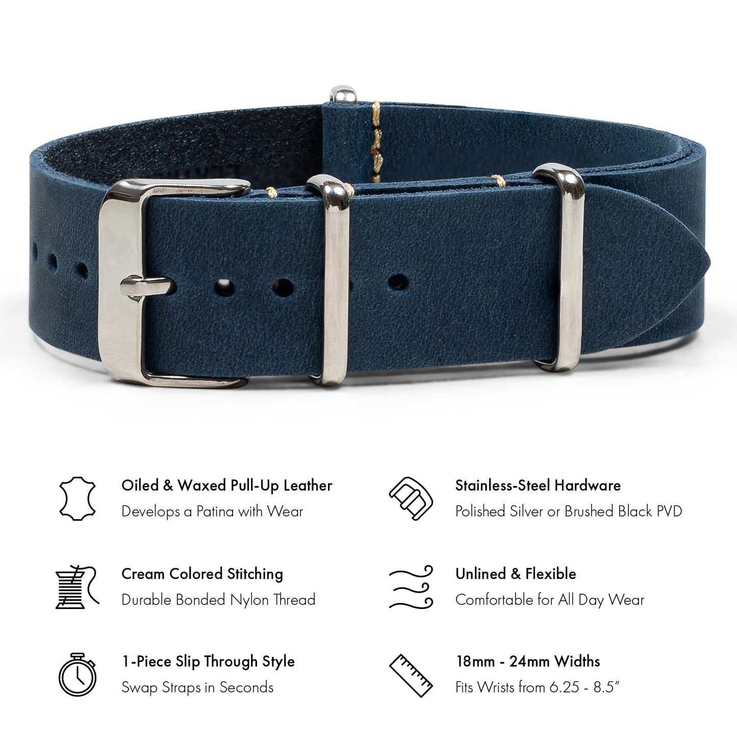 Benchmark Basics Leather Watch Band - Crazy Horse Oiled Leather One-Piece Watch Straps for Men & Women - Choice of Color & Width - 18mm, 20mm, 22mm or 24mm (20mm, Navy Blue)