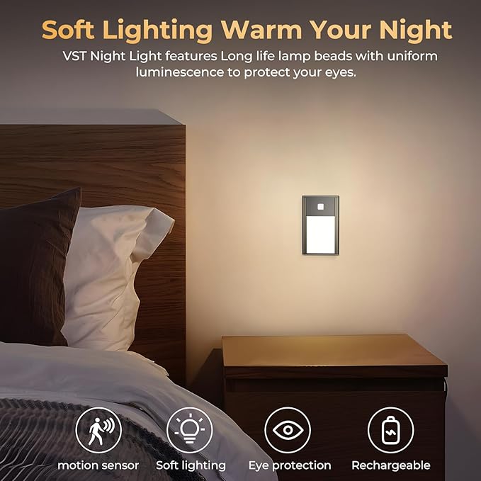 VST Motion Sensor Night Light, Rechargeable Battery Powered Led Light with Magnetic Suck Installation for Bedroom Hallway Stair Nursery Kids Room (2.68 inch 3000K 3Pack Black)