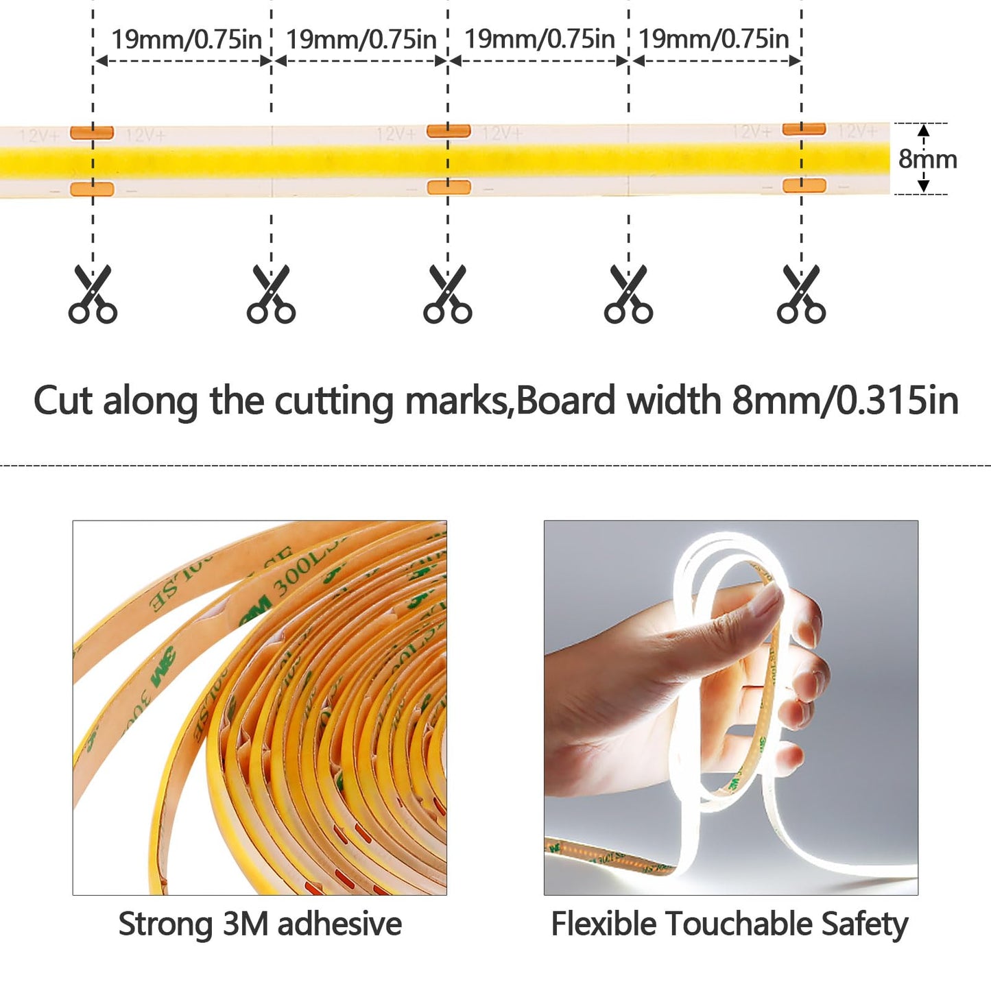 GOMING DC 12V COB LED Strip Light Cool White 6000K IP65 Waterproof 16.4ft(5M) 1560LEDs CRI 93+ Uniform Glow Flexible LED Tape Lights for DIY Bedroom Kitchen Home Decor(No Power Supply)