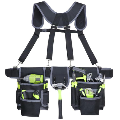 Tool Belt, Tool Belts for Men, 32 to 66 Inches Adjustable Waist, Electrician and Carpenter Tool Belt with Suspenders for Construction and Gardening, Black and Grey