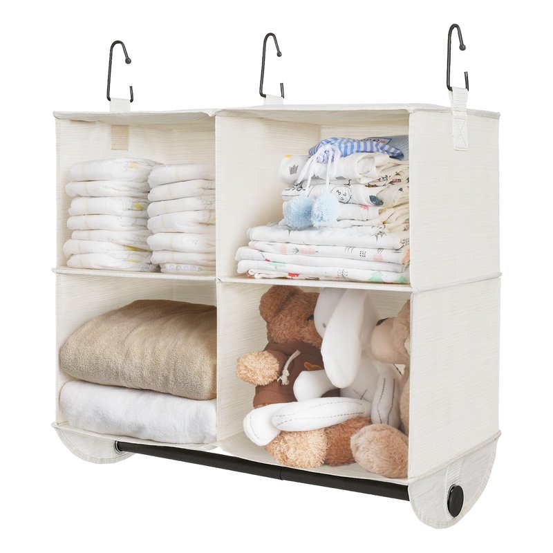 StorageWorks Hanging Closet Organizer with Metal Rod, 4-Section Closet Organizers and Storage, Collapsible Hanging Shelves for Baby Clothes, Shoes, Sweater Storage, Ivory and White