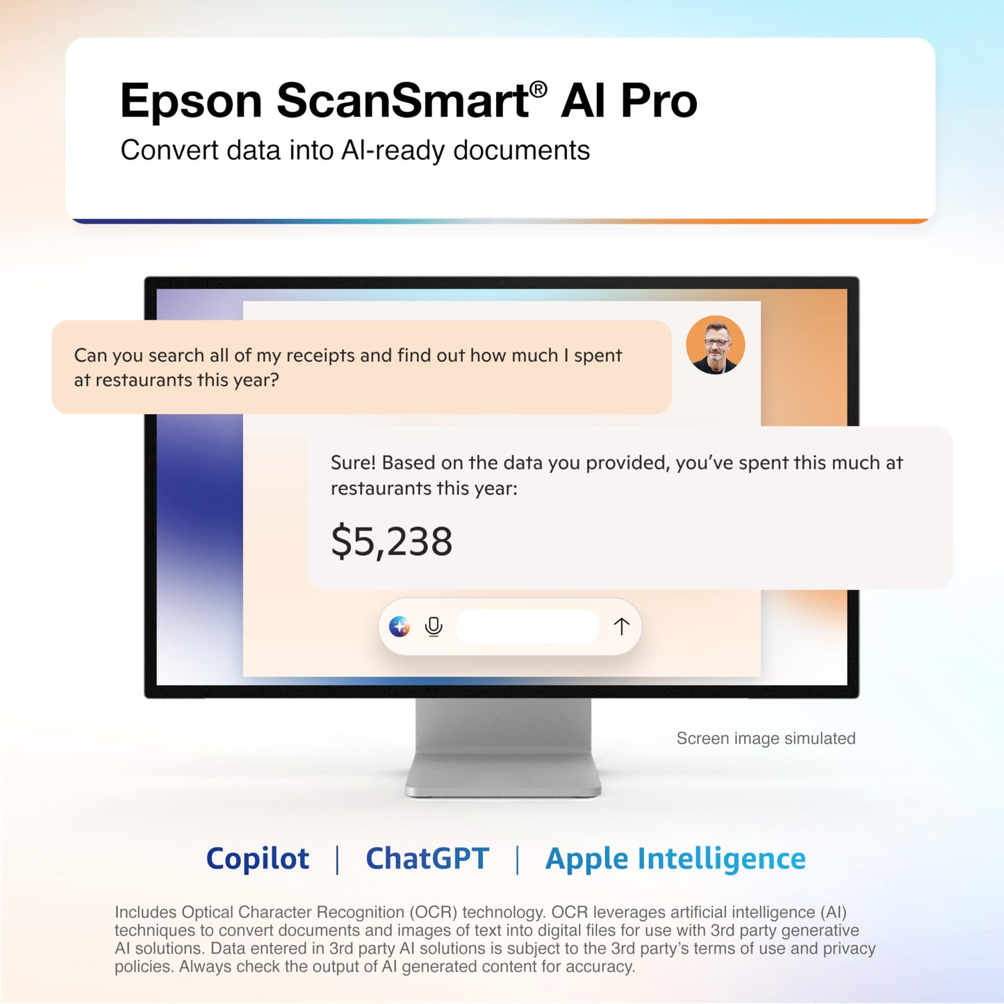 Epson RapidReceipt RR-600W Wireless Desktop Color 2-Sided Document & Tax Receipt Scanner with ScanSmart AI PRO Data Management Software for PC & Mac Touchscreen & 100-Page Auto Document Feeder