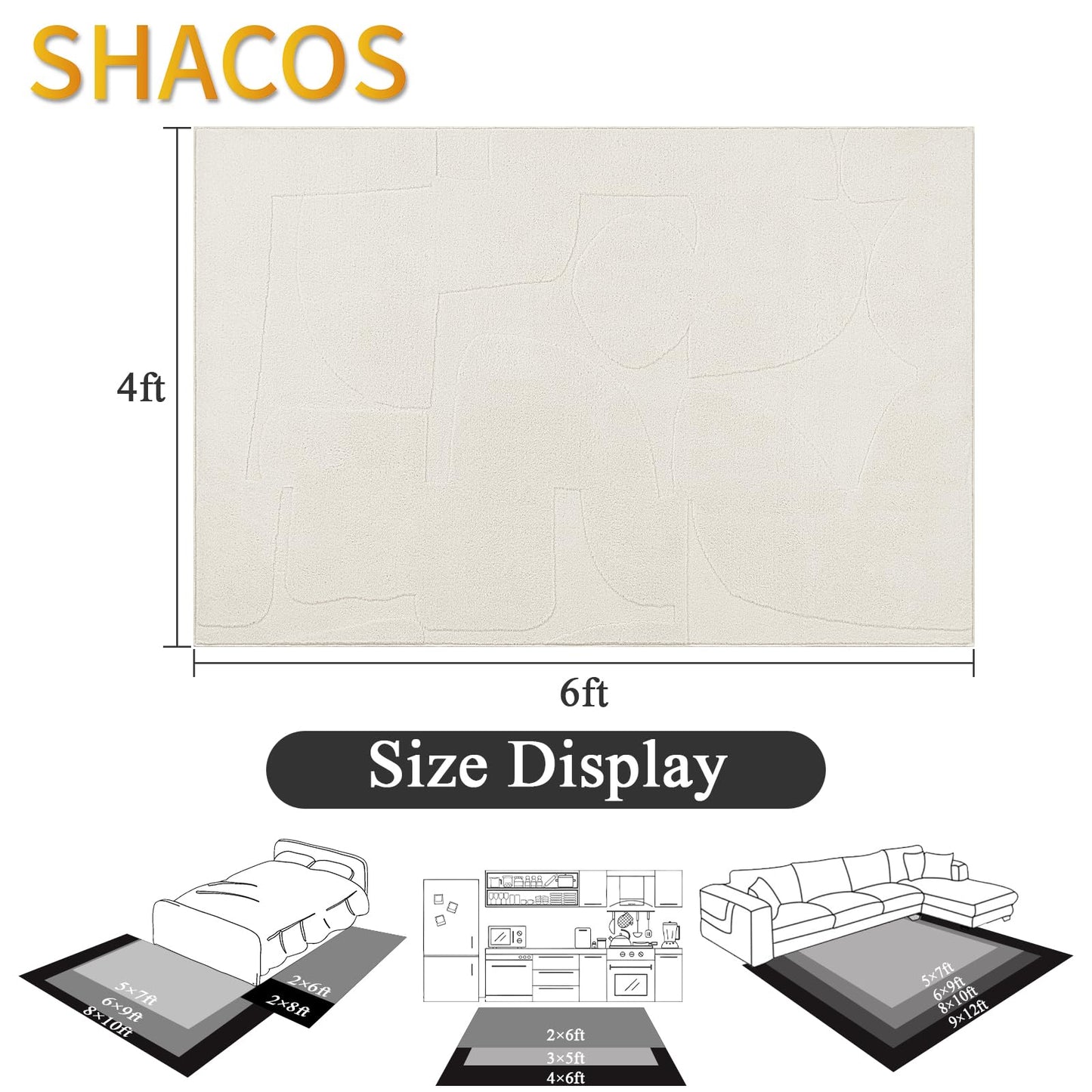 SHACOS Soft Cozy Modern Abstract Area Rugs 4'x6' High Low Pile Non Slip Washable Scandinavian Minimalist Rug Carpet for Living Room Bedroom Dining Room, Cream