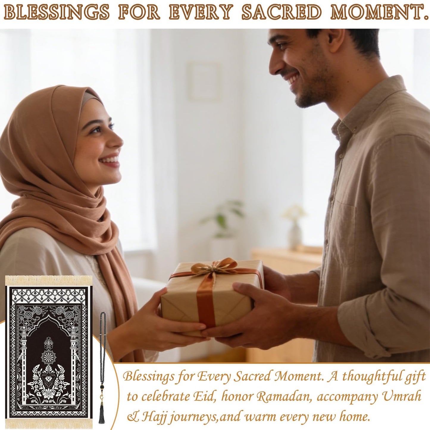 Silkovahamd Prayer Mat Ramadan Gifts - Portable Black Prayer Rug Islamic Muslim Tasbih Beads, Praying Carpet for Islamic Man Women Eid Salah Namaz Meditation Decorations for Home