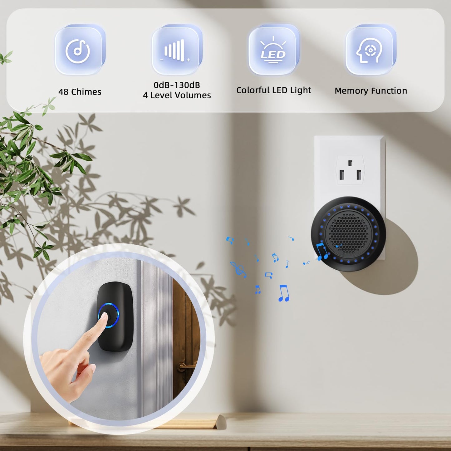 Wireless Doorbell • PHYSEN • Doorbell Chime Kits with 1 Transmitter 1 Receiver • Waterproof • Operating at 1000ft Range • 32 Ringtones • 4 Volume Levels • LED Flash • Door Bell for Home Classroom