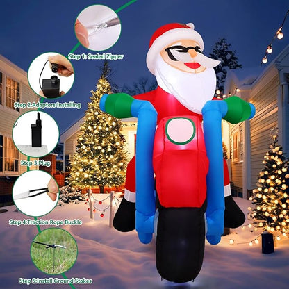 COMIN 6.4FT Christmas Inflatables Outdoor Decorations Inflatable Santa Claus Ride Motorcycle Blow Ups with Built-in LEDs for Yard Party Lawn Decor