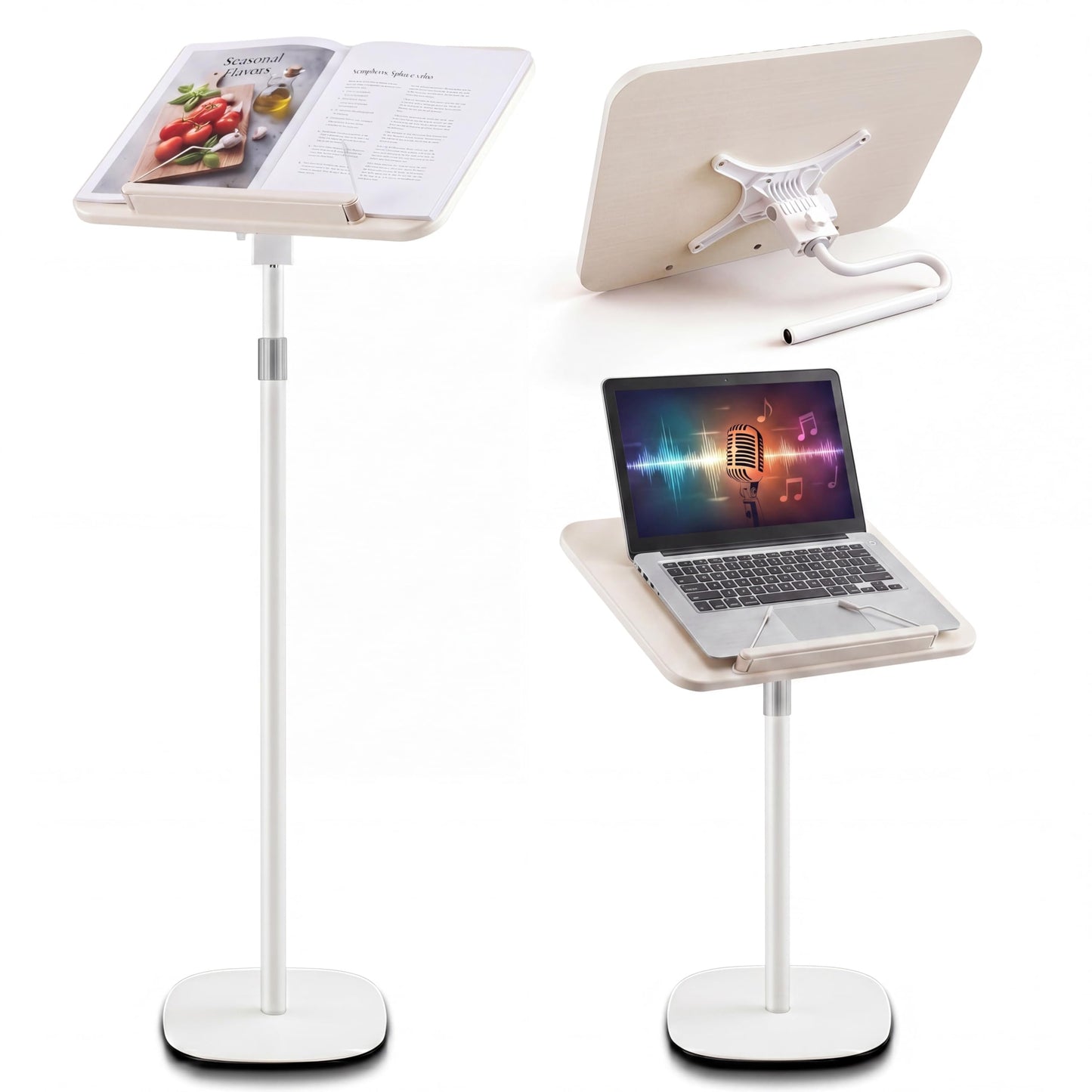 2 in 1 Dual-use Floor & Desktop Book Stand White, 19.6-54 Inch Height Adjustable, for Bible Stand Music Holder Podium Recipe Cookbook, Foldable Book Holder for Reading with Page Clips
