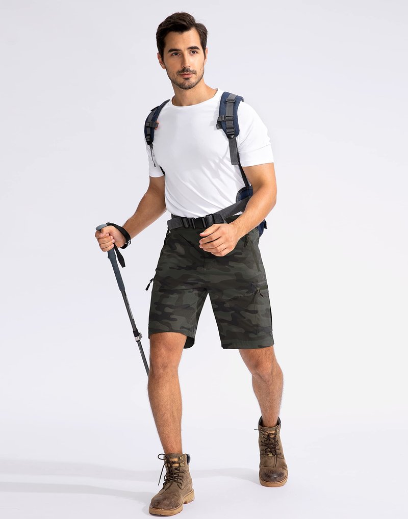Pudolla Men's Hiking Cargo Shorts 9" Lightweight Outdoor Work Shorts for Men Travel Golf Camping Casual with 5 Zipper Pockets(Green Camo Medium)