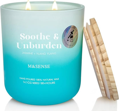 M&SENSE Jasmine & YlangYlang Scented Candle for Home, 14.1oz 80 Hours Non Toxic Natural Soy Wax Long Lasting Aromatherapy Relaxing Candles for Yoga Spa Meditation