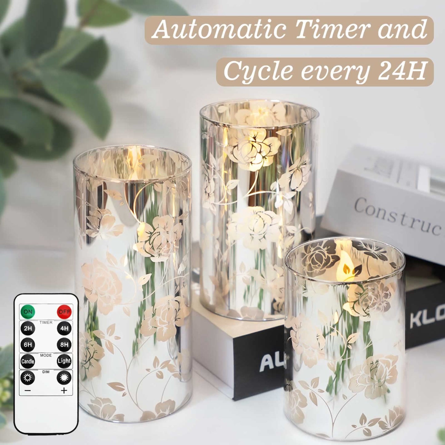 Floral Glass Flameless Candles Rose Romantic Battery Operated Candles with Remote Flickering LED Silver Real Wax Pillar Candle for Valentine's Day Wedding Party Home Christmas Decor, Set of 3