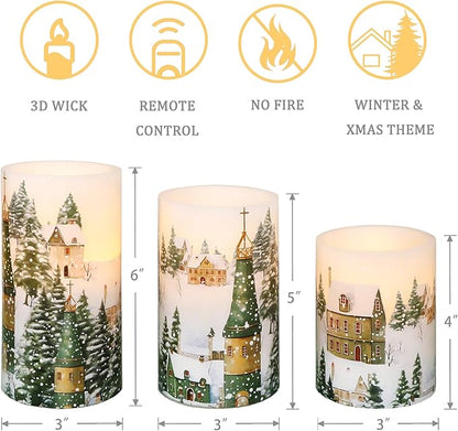 Christmas Flameless Pillar Candles Winter Snowflakes Village Theme Battery Operated with Remote Real Wax LED Flickering Realistic Flame Light Window Christmas Gifts Holiday Home Decor