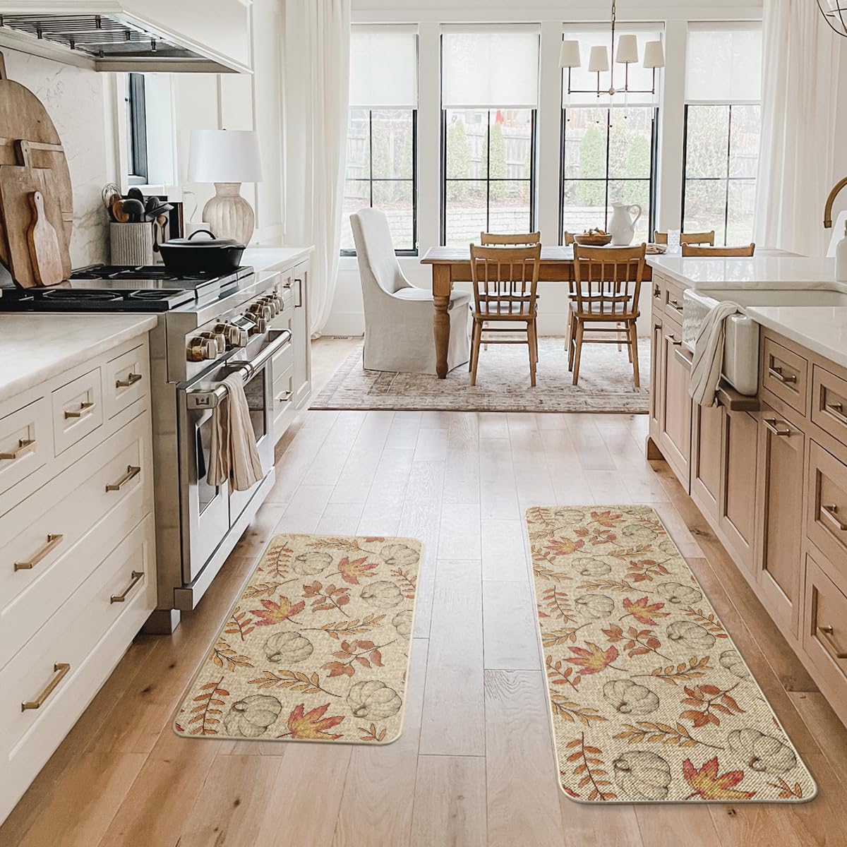 Artoid Mode Pumpkins Fall Kitchen Mats Set of 2, Autumn Maple Leaves Home Decor Low-Profile Kitchen Rugs for Floor - 17x29 and 17x47 Inch
