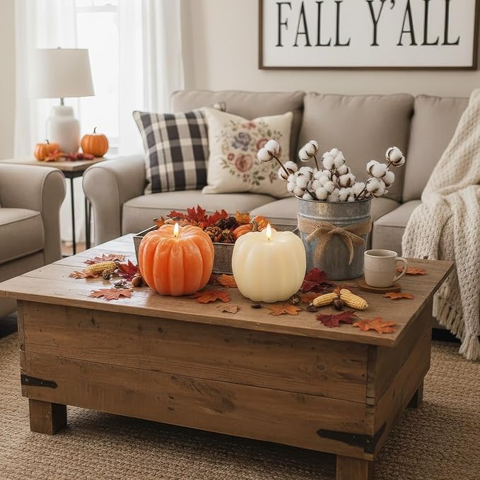 Fall Decor, Fall Decorations for Home - Flameless Pumpkin Candle with Timer Remote - Room Bedroom Table Farmhouse Decor for Halloween, Thanksgiving, White