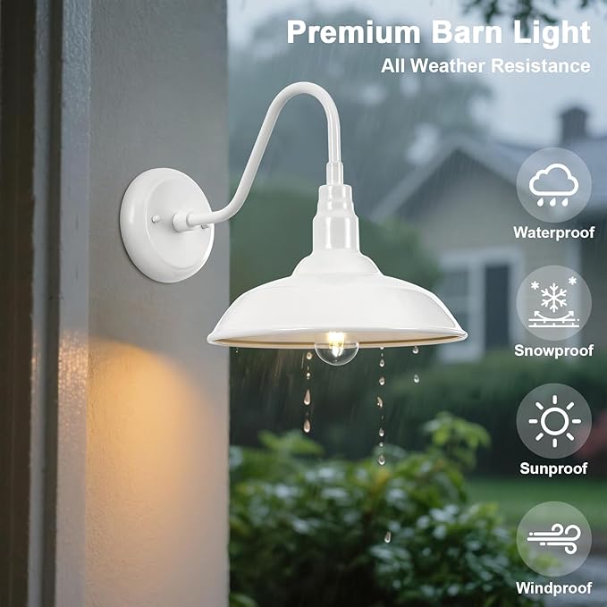 Outdoor Gooseneck Barn Light Fixture with Wall Mount, 10'' Diameter White Exterior Waterproof Wall Lantern for Porch, Farmhouse Wall Sconce, 2 Pack, LM2201-WH-2P