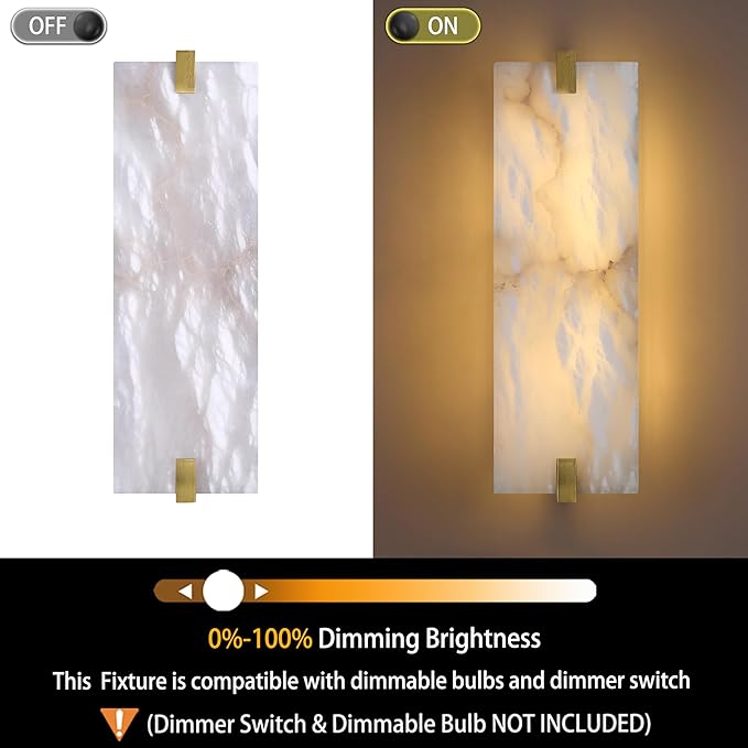 2 Pack 2 Light Square 16.7" Alabaster Marble Bathroom Wall Sconce Modern Concise Style Wall Light Fixture,Gold Finish for Bedroom Hallway Bedside