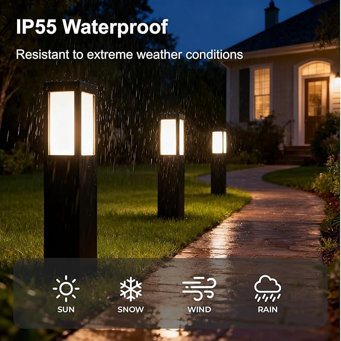 SkyGlow Solar Bollard Light, 32" Stainless Steel LED IP55 Outdoor Waterproof Curb Appeal Modern Landscape Path Lights for Garden, Pathway, Lawn, Patio, Courtyard and Driveway Decoration