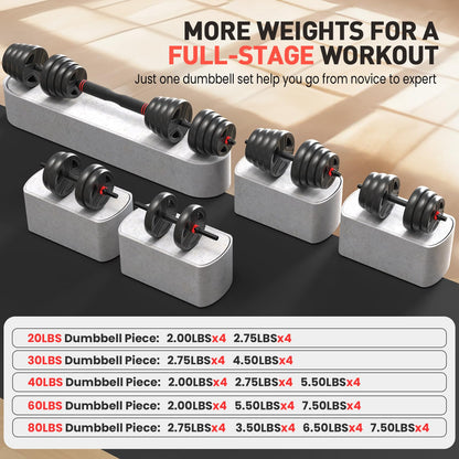 UKEEP Adjustable Dumbbells Sets, 20/30/40/55/60/70/80/90lbs Free Weights Dumbbells Set of Convertible 2 or 3 in 1 Dumbbells Set Used as Barbell, Kettlebells, A Pair of Lightweight for Home Gym