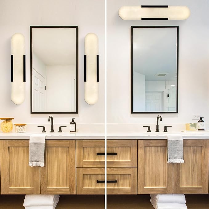 Alabaster Wall Sconces Set of 2,19.7'' Brass Wall Sconce Natural Marble Wall Sconce for Bathroom, Indoor Modern Wall Light Fixtures for Living Room Hallway Stairs Vanity Bedside, Black