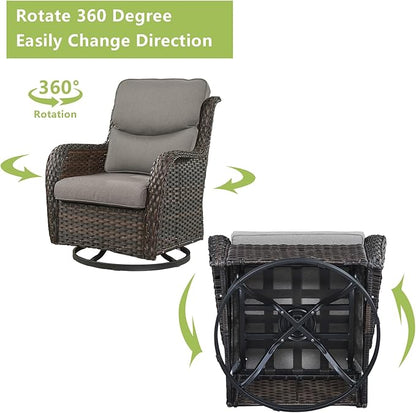 Rilyson Wicker Rocking Chair Swivel Chairs - 2 Piece Rocker Patio Chairs Set Rattan Rocking Chair for Outdoor Porch Deck Garden Backyard (Brown/Grey/Smile)