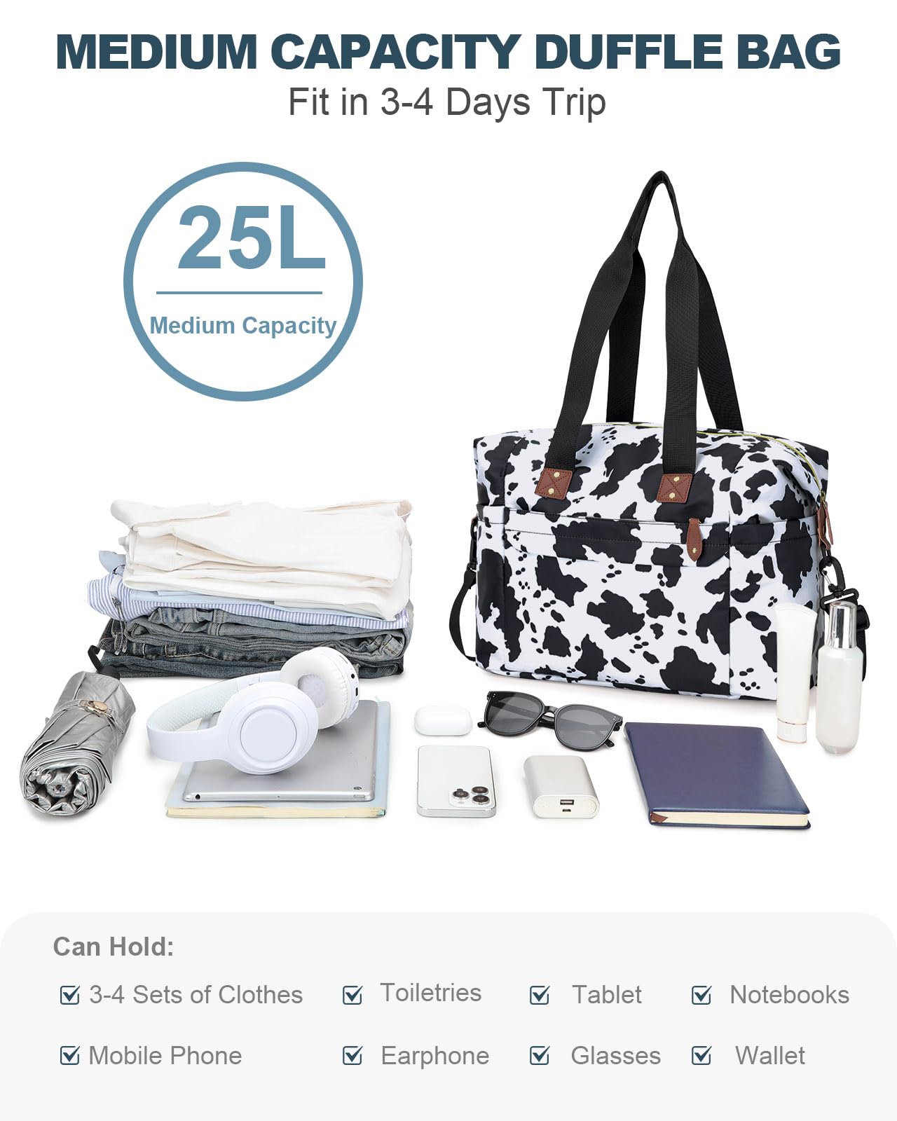 Pritent Travel Duffle Bag, Waterproof Weekender Overnight Hospital Bags for Women Men with Toiletry Bag Lightweight Personal Item Duffle Gym Bag for Travel, Airplanes, Sports(Cow Print, Large)