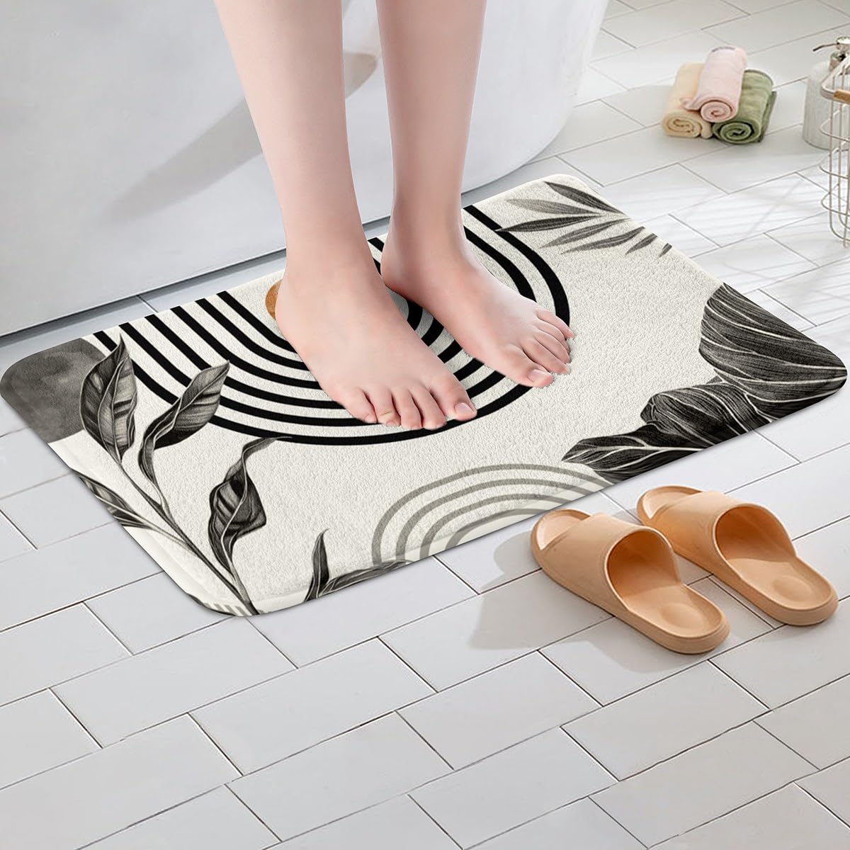 Erosebridal Modern Boho Bathroom Rugs 20"x 32" Grey White Aesthetic Bath Mat Abstract Mid Century Doormats Floor Mats Simple Tropical Palm Leaf Non Slip Bath Rug